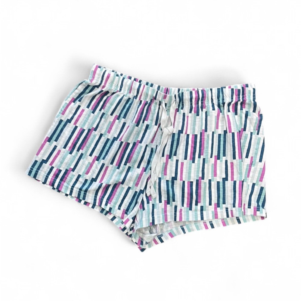 George Women's High Waist Lounge Shorts - White with Blue, Pink & Teal Stripes